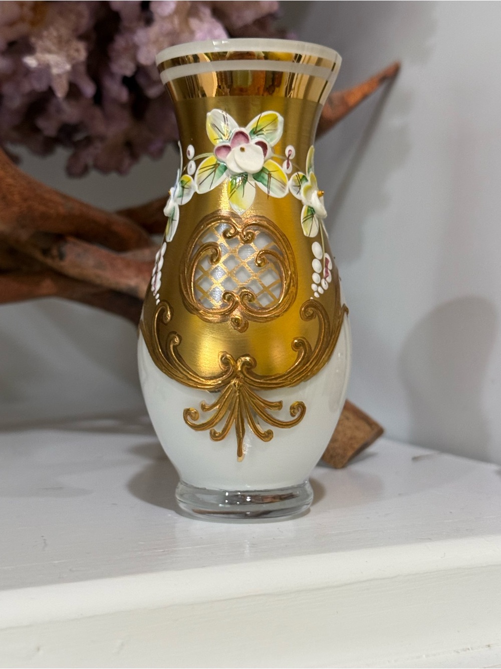 antique Bohemian art glass vase elaborate gold gilt detailing raised enamel flow